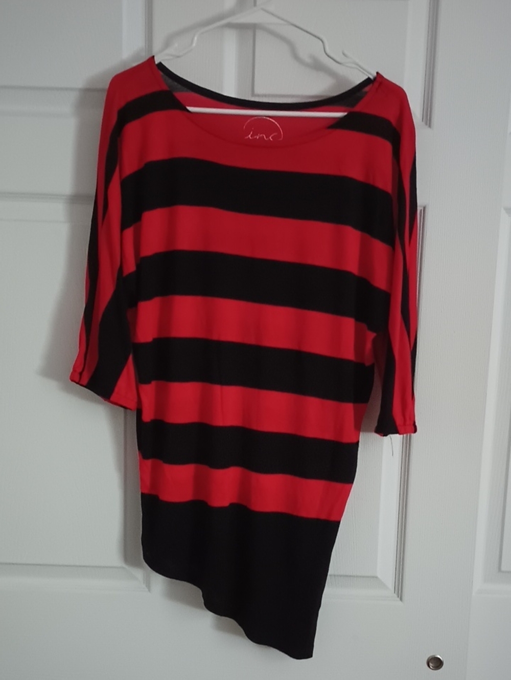 #.INC International Concepts Black & Red Striped 3/4 Sleeve Asymmetrical Tunic.S